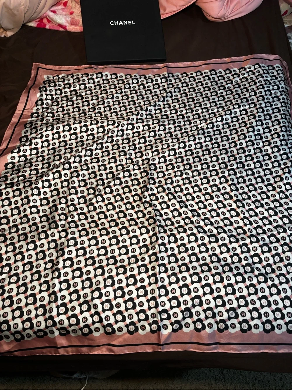Chanel Pink & Black Logo Silk Scarf